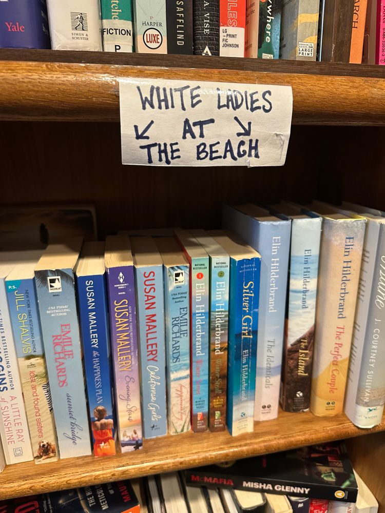 A shelf of used contemporary “beachy” novels, mostly Elin Hiddlebrand and Susan Mallery, with a hand-written shelf tag of “white ladies at the beach”