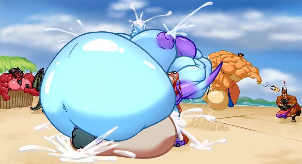 A naked hyper cocked, hyper muscular ghost riding a dragon half his size, reverse cowgirl style, on a beach while others watch and play volleyball. The dragons genitals grow bigger than the ghosts and bulge out his stomach, flooding the ghost full of his cum until he's bloated and lactating.
