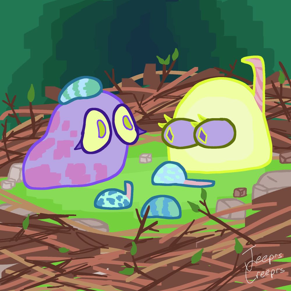 Two colorful adult round blobs gazing at eachother while they are surrounded by four baby colorful round blobs. Some of the blobs have a pink tail that either sticks straight up or slides on the ground. One adult is purple with pink splotches, yellow eyes, and purple eyelashes. The other adult is shiny yellow with purple eyes, diamond shaped pupils, yellow eyelashes, and a pink tail sticking upwards. The four babies are aquamarine and blue. One of the babies rests on the purple adult's head.

The blobs are in a greenish blue forest in a nest made of sticks and rocks. The artstyle is fairly cartoonish and messy.