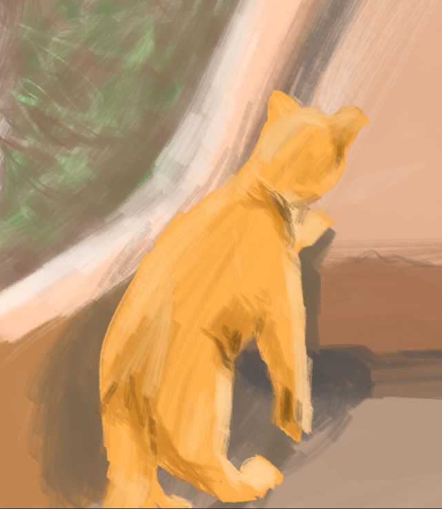 Um desenho digital de um gatinho laranja subindo um degrau
