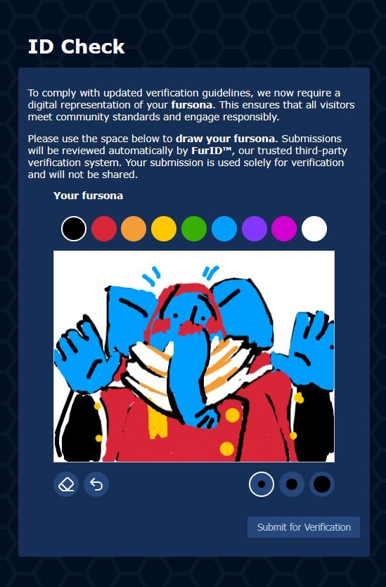 A cropped screenshot of e621's april fools "ID check" drawing of a flustered anthropomorphic elephant