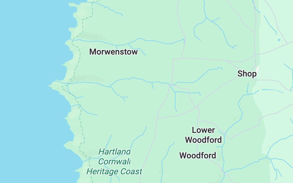 A map of the very north of Cornwall, showing the villages of Morwenstow, Woodford, and the beautifully named "Shop".
