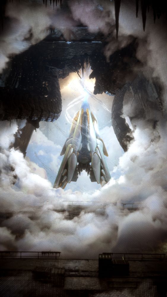 An advanced tech spaceship sits on stage through a gathering mist of augmented reality clouds.