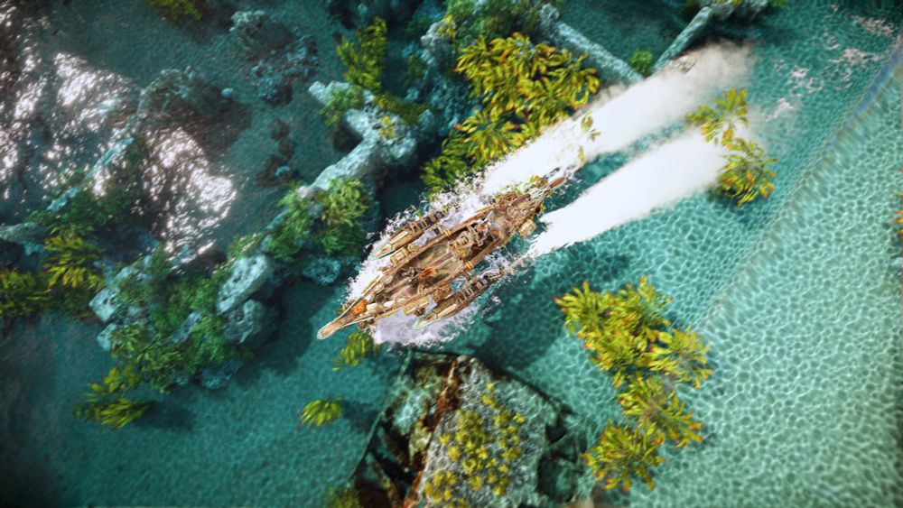 A boat soaring across the surface of the water, floating above undersea ruins and foliage