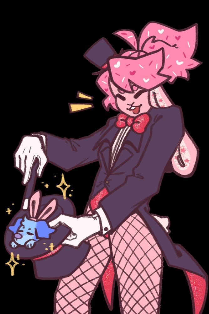 Loki (pink plush rabbit fursona) dressed as a magician pulling a "rabbit" (actually Milo, a blue golden retriever wearing bunny ears) out of a hat