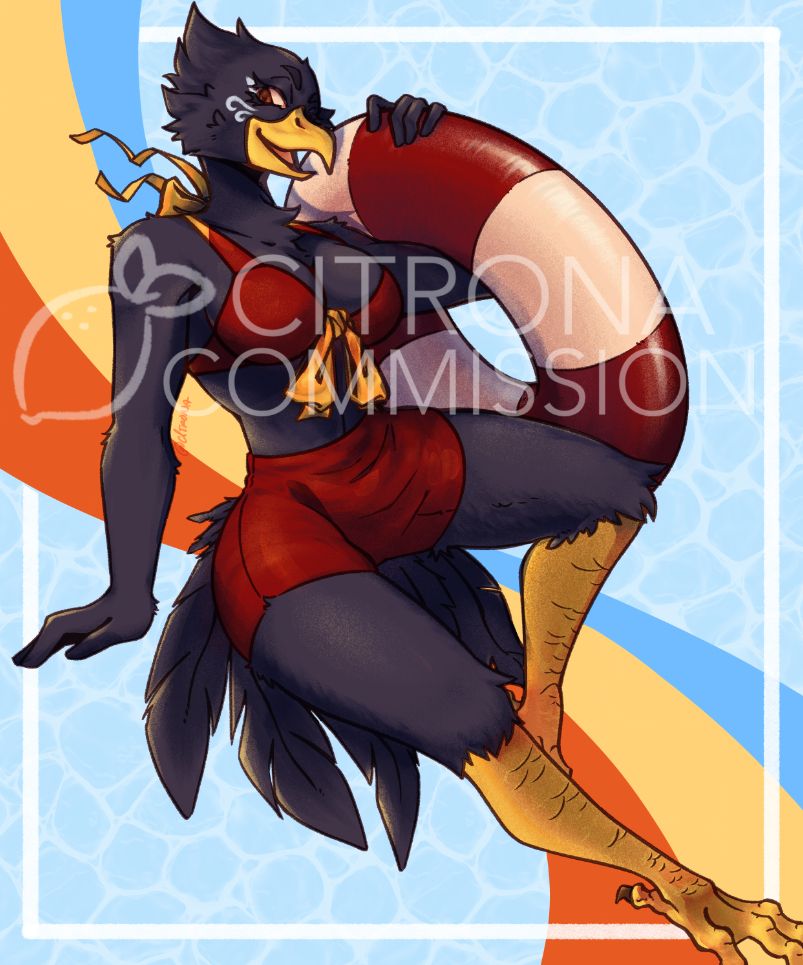 A commission of Spowte in a red two-piece swimsuit holding a red and white-striped innertube