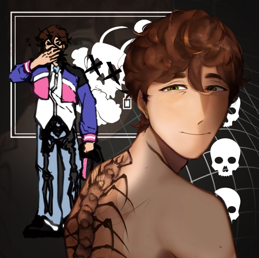 King, a sona / oc of mine. He has hazel eyes, short brown hair, and freckles scattered all over. A large scar is seen on his backside, though covered up by a large centipede tattoo. A soft smile is seen on his face.