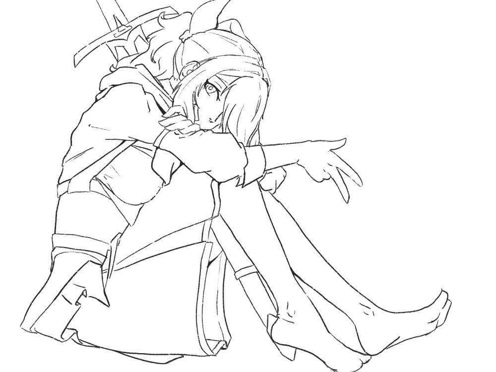 Sketch of Noelle sitting on the floor singing a peace sign 