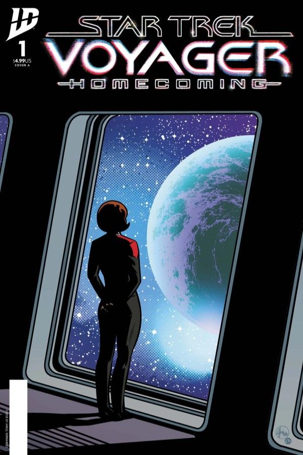 Image of the cover of Star Trek Voyager: Homecoming #1 published by IDW. It shows the back of Captain Kathryn Janeway in her red and black suit, looking at Earth, framed by the ship window and her shadow stretching out behind her.