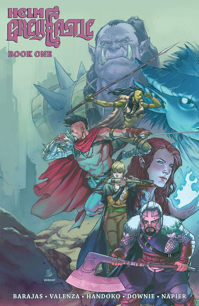 Cover for Helm Grey Castle Book One, with adventurers on the cover. With the names Barajas, Valenza, Handoko, Downie, Napier on the cover.