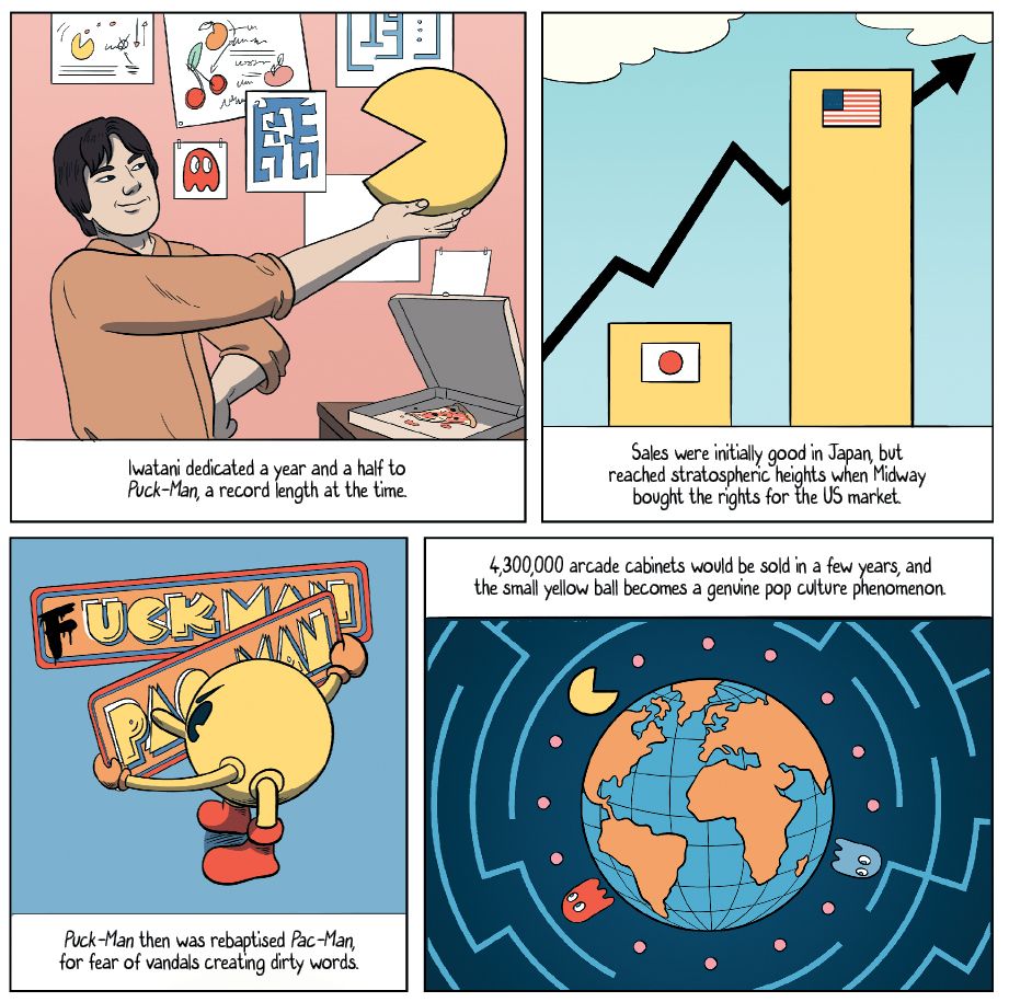 Panels about Tōru Iwatani, creator of PAC-man. He is a light skinned Japanese man with short black hair. PAC-man was originally called Puck-man but the name was changed for fear of graffiti change pick to ‘fuck’. The game sold 4,300,000 arcade cabinets in a few years!