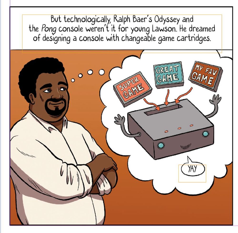 Panel featuring engineer and designer Jerry Lawson, a Black man with a goatee and mustache. He dreamed and created the first interchangeable cartridges for video games 