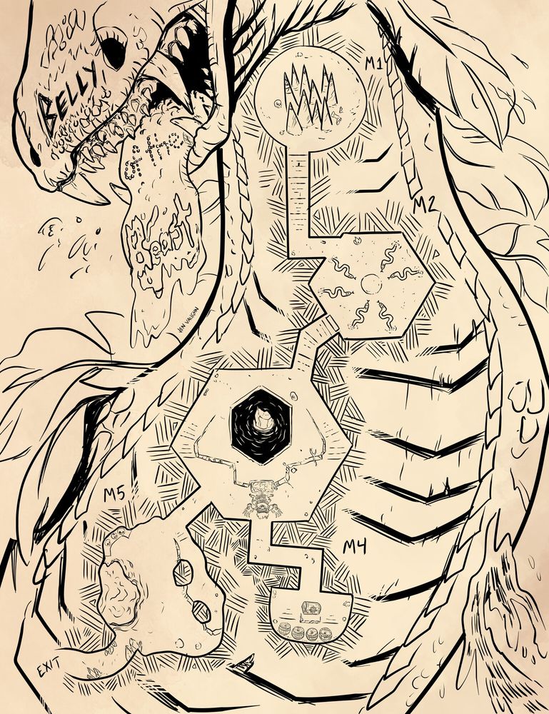 Image of a water dragon with a small dungeon map inside it's belly. Carved into its snoot and dripping from the saliva of its tongue is the title "Belly of the Beast"