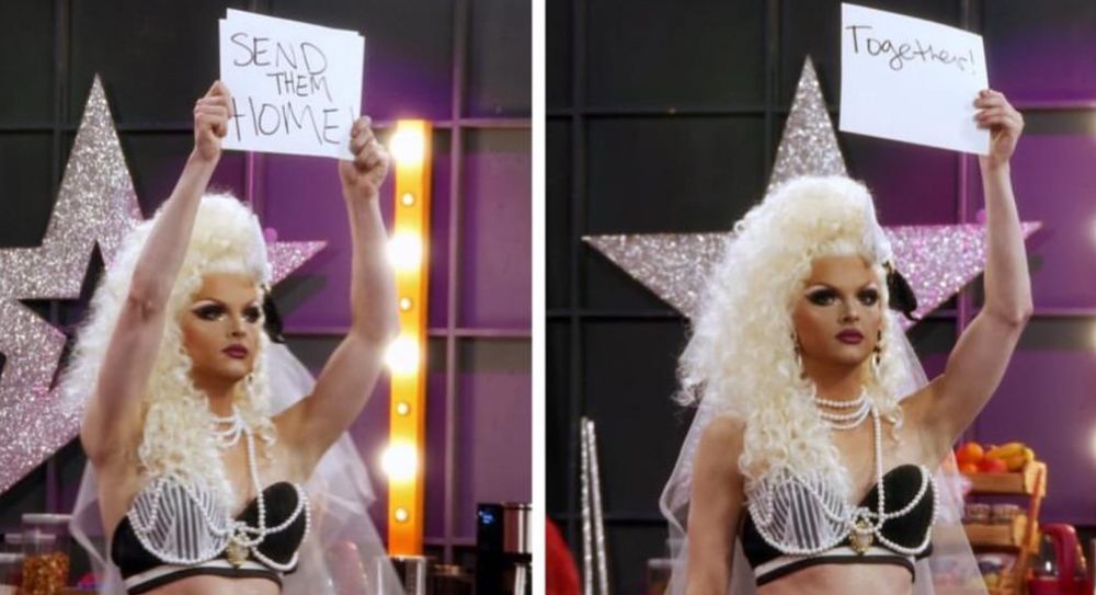 Sam Starr holding up signs that say “Send Them Home” and “Together”