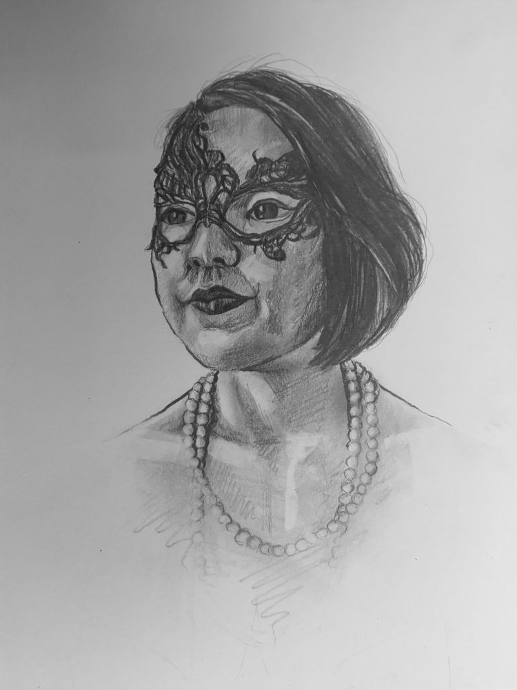 Beautiful model Yumémi wearing black lacy masquerade mask and white pears around her neck. Progress sketch 4/4