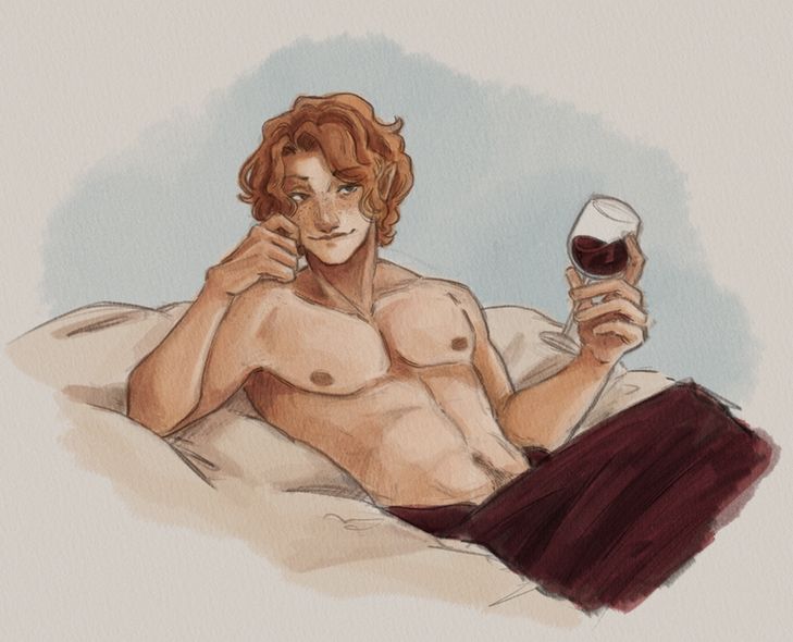 A colored sketch of my dnd oc Eliseo, a half elf with short, wavy, strawberry blonde hair and freckles, laying in a bed shirtless with a blanket and a glass of wine. He is very hot and that is the objective truth.