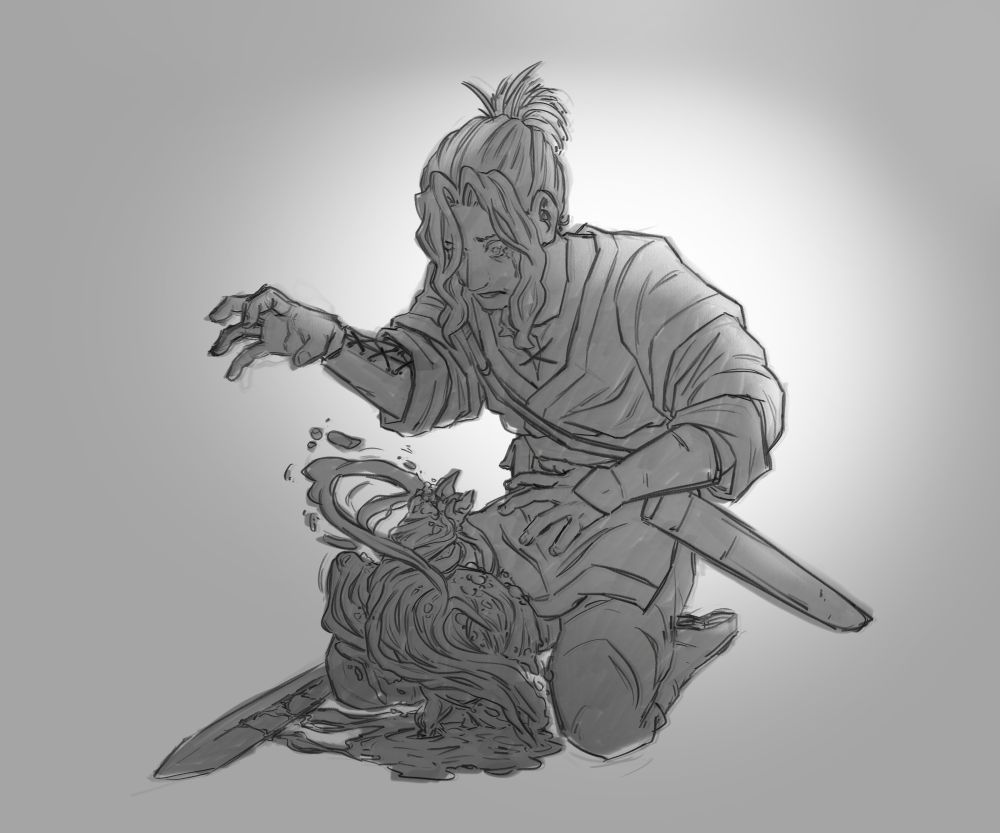 A drawing of my dnd character Kazuya summoning his familiar Juni. He is shaping blood into the shape of a bird while visually distressed. The sketch is done digitally in black and white.