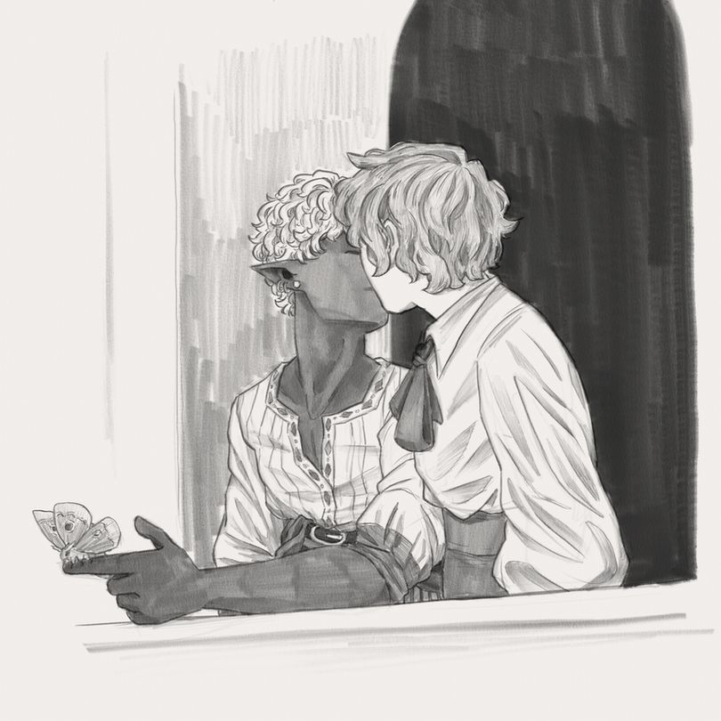 A sketch of two boys kissing. On the right is Celio, a human in a white shirt with a ribbon and short hair. On the left is Welan, a drow with short white hair and a patterned shirt. He rests his arm on the edge of a balcony. On his finger sits a moth about to take flight.