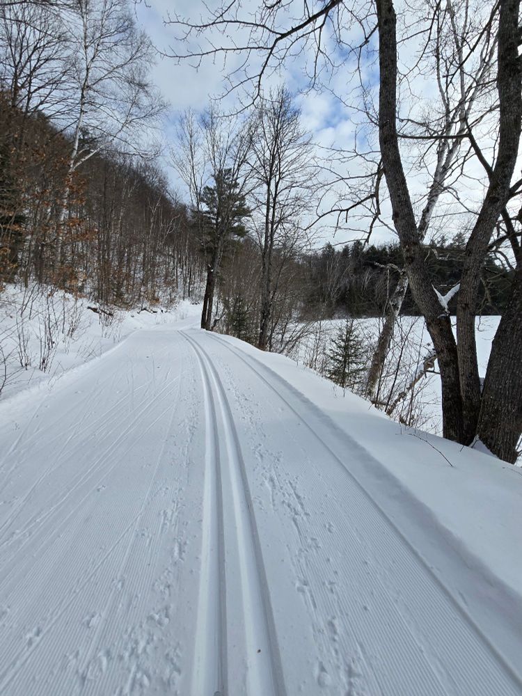 A ski trail running alongside arrowhead lake.