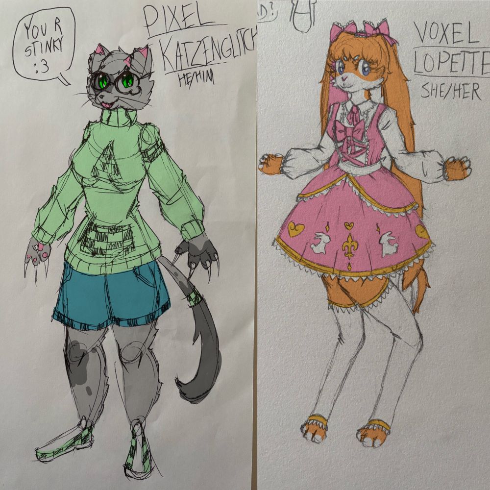 Left: A grey cat with green eyes wearing glasses, a pale green sweater with checkerboard patterns, denim shorts, and vans shoes. His name is Pixel Katzenglitch, and he is telling the viewer that they are stinky.

Right: An orange lop bunny wearing an intricately designed pink princess jumperskirt with gold and white accents. Her name is Voxel Lopette.