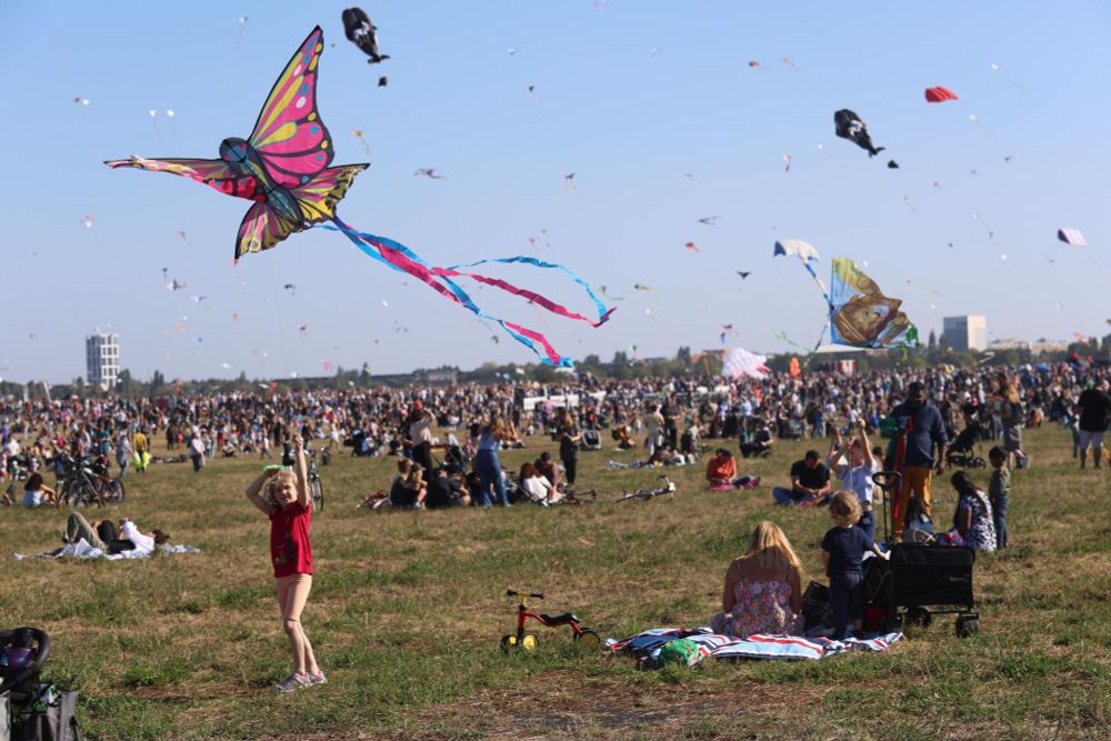 sehr viele Menschen auf dem Rasen des Tempelhofer Feldes und sehr viele Drachen am Himmel, im Vordergrund ein bunter Schmetterling