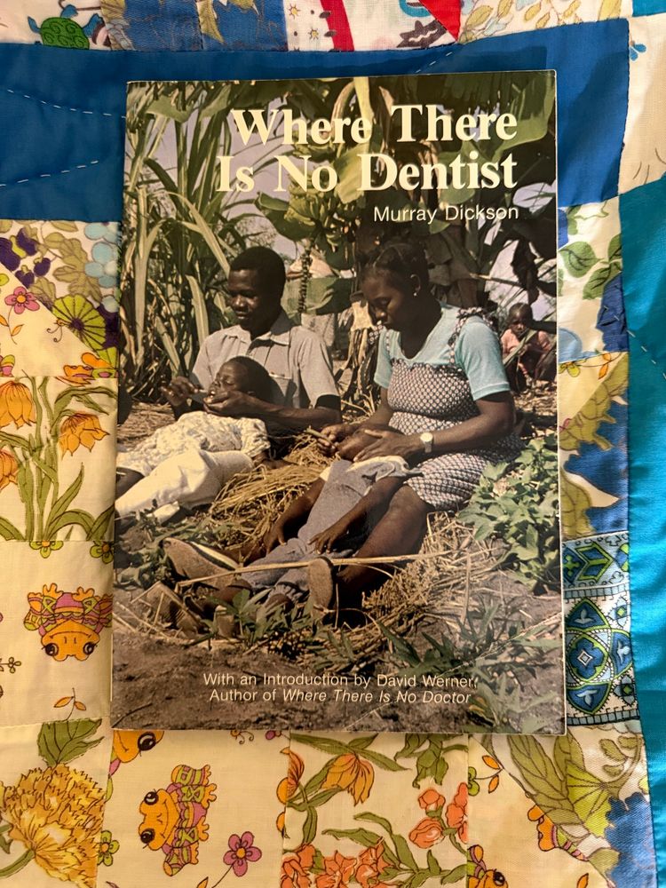 Where There Is No Dentist book on a quilt with frogs because frogs are the coolest now.