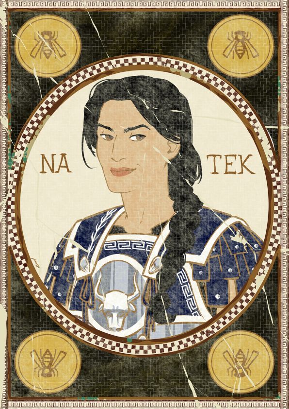Bust portrait of Natek from the novel In the Roses of Pieria, in an ancient mosaic style. She has a mediterranean complexion, black hair in a braid, brown eyes and wears a blue, white and silver linothorax with a bullhead in the breastplate. Her name is written in the background and there's a golden bee seal in each corner.