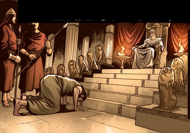 The throne room of King Solomon passing judgement on Asmodeus