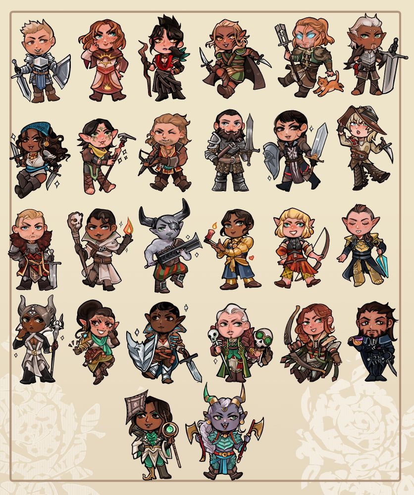 chibi drawings of alistair, leliana, morrigan, zeveran, anders, fenris, isabela, merril, varric, blackwall, cassandra, cole, cullen, dorian, iron bull, josephine, sera, solas, vivinne, bellara, davrin, emmrich, lace harding, lucanis, neve, taash. WOW that was a lot.