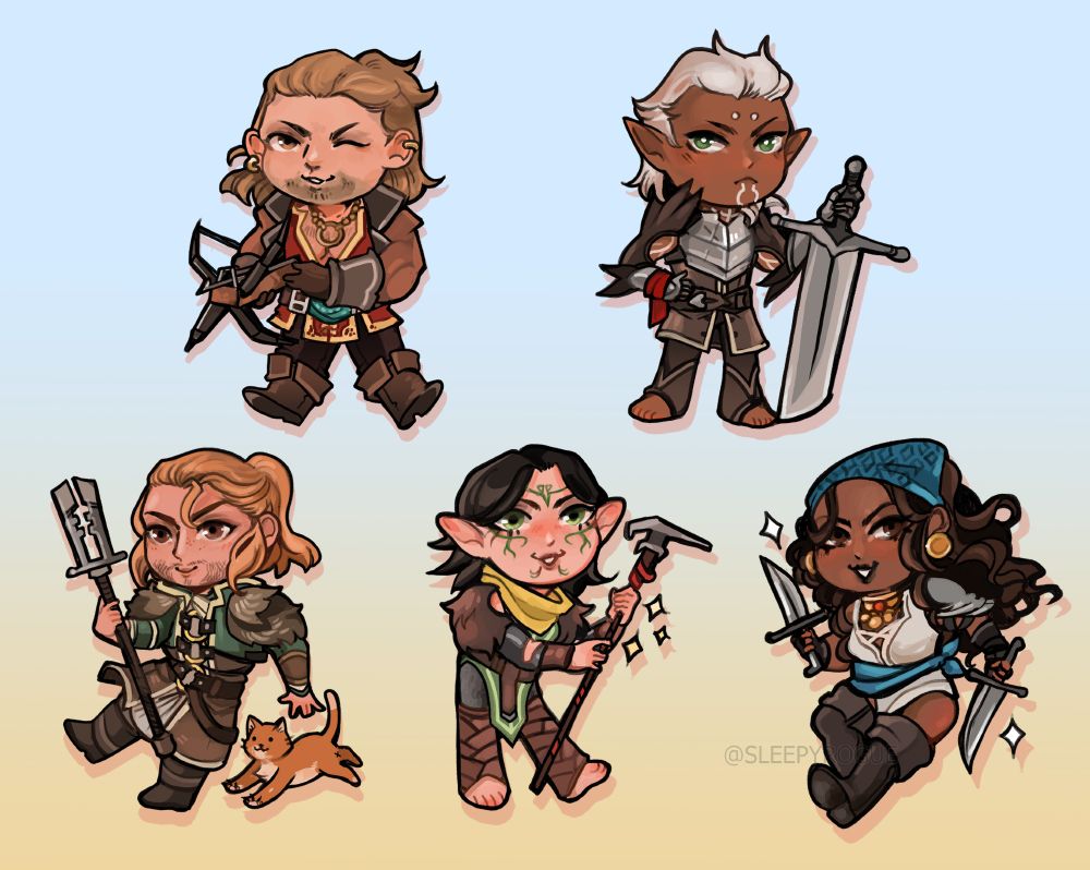 chibis of varric, fenris, anders, merril and isabela