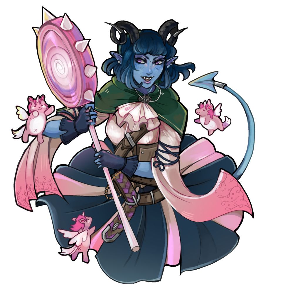 jester lavorre from critical role. she is a blue tiefling holding a lollypop, three little unicorn hamster horses float around her