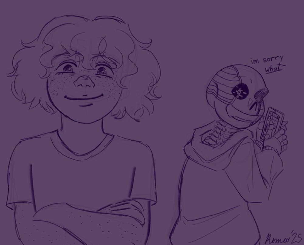 The artist stands on the left with their arms crossed and a smug smile on their face.

On the right standing in the distance is Cyber, a robotic skeleton, his phone in his hands and his back to the camera. His head is turned to look at the artist and he appears baffled, his visible eye glitching.

Cyber says, "i'm sorry, WHAT—" in response to the text on the post.