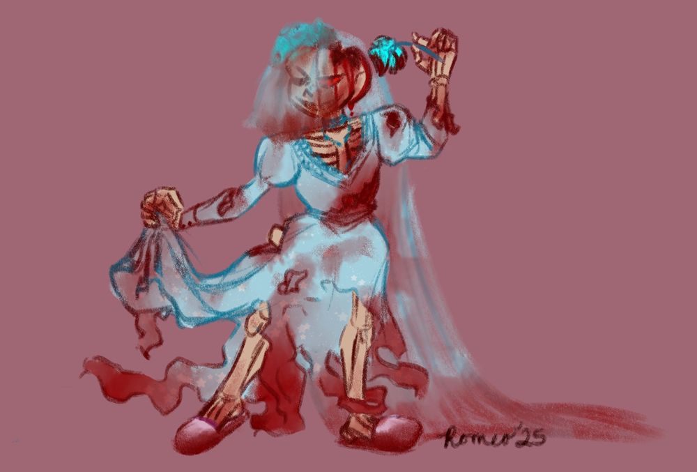 Horrortale Sans posing with an echo flower and a sly expression, dressed in a tattered and bloody vintage-style wedding dress, blood all over his body and dripping from his skull, and topped with a tarnished trained veil. This version includes a face veil, as well.