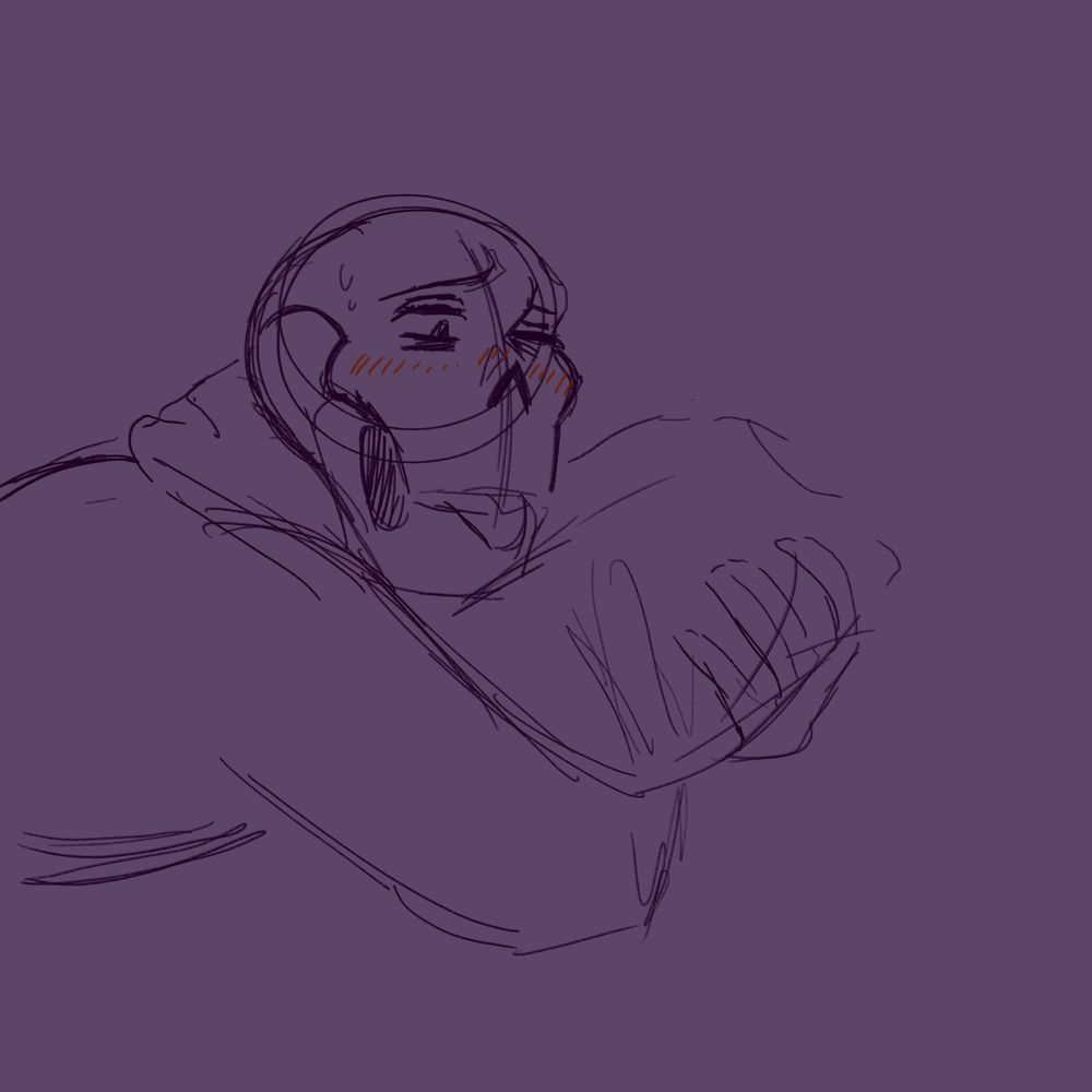 A very sketchy drawing of Underswap Papyrus, ribs-up, clutching a pillow to his chest. One eye is closed while the ither is lidded. His tongue is poking out and he's looking down at the pillow with a blush on his face and sweat dripping down his temple. He's having a good time.