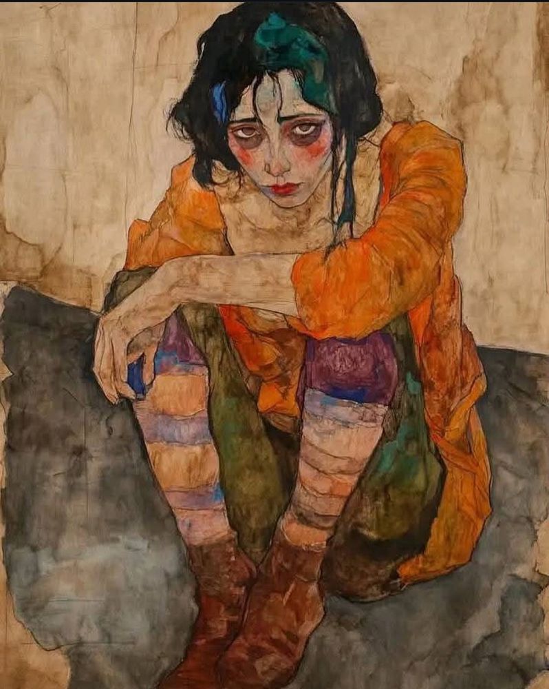 A boy in hunger sits at corner. Looks at the camera in measurable way