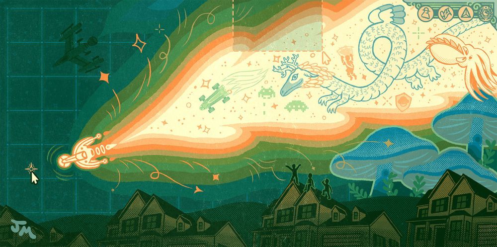 An illustration of a spaceship flying over suburban homes and in its exhaust trail, a variety of video game characters follow.