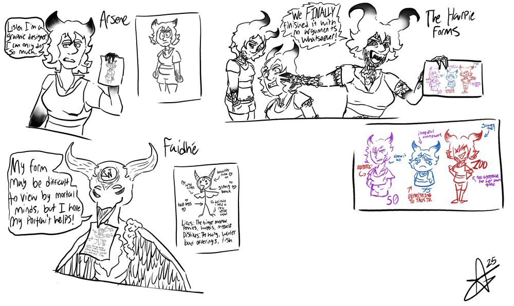 Top Left: A woman with bob length hair with darker colored horns, a tank top and a button up holding a cartoon photo of themselves. A speech bubble reads: "Listen I'm a graphic designer I can only do so much." Text reads, "Arsene" to the right of her.

Bottom Left: A creature with the face of a bird, wooden horns and a sigil like engraving on it's forehead holds a paper in it's beak. His bird wings rest at his sides. The paper has a stick figure version of himself pointing out traits he likes about himself, horns, beak, legs, wings. He lists his likes and dislikes. Likes, the ginger haired mortal, pennies, haggis, myself. Dislikes, the harpy, water, bad offerings, fish. His speech bubble reads: "My for may be difficult to view by mortal minds, but I hope my portrait helps!" Text reads, "Faidhé" to the right of him.

Top Right: Three women similarly clothed to Arsene stand together. One slouches to the left, seemingly glum. Her horns curl up and are larger than her counterpart. Another is pushed to the side and looks closer to her counterpart than the other. The final, looks the least like her counterpart and pushes the other away, she is holding a picture. The paper had a drawing of all three in different ink colors and art styles. Comments are made along the side insulting each other's personality. The speech bubble reads, "We FINALLY finished it with no arguments whatsoever!" Text reads, "The Harpie Forms" to the right of them.