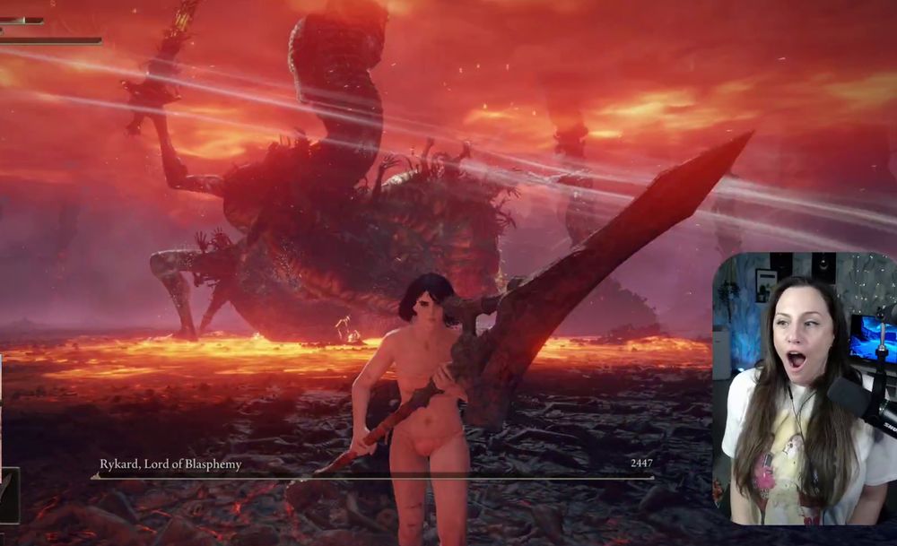 Elden ring boss Rykard being defeated and me looking happy 