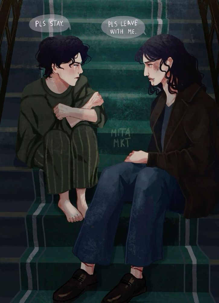 Regulus and Sirius Black sit on green, silver stairs next to each other. Regulus, on the left, says "pls stay". Sirius, on the right, says "please leave with me"