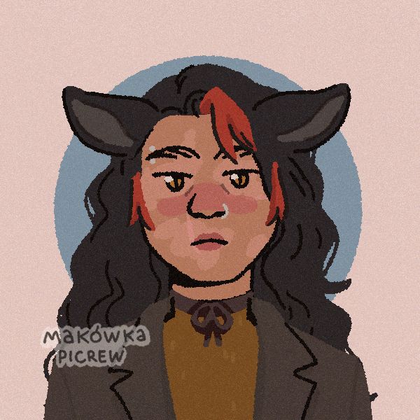 A picrew of the same character, looking characteristically nonplussed. They have long, thick, dark hair with red highlights.