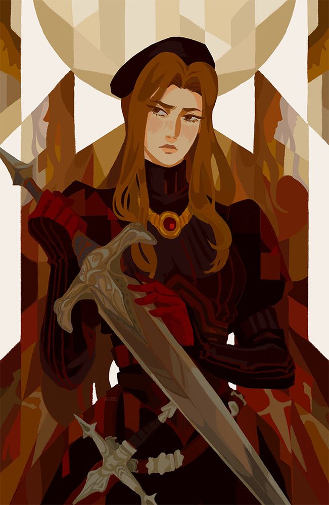Illustration of Catiua from Tactics Ogre holding her sword next to her. The background is composed of reflections of herself. The colour palette is mostly composed of red and various light and deep brown tones