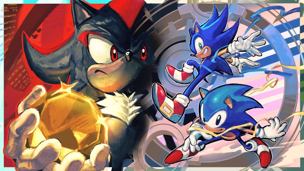 THUMBNAIL ART Made for @Gamescage for his first impressions of the game, 
Illustration features Shadow on the left holding a yellow chaos emerald and the two Sonics, modern and classic on the left