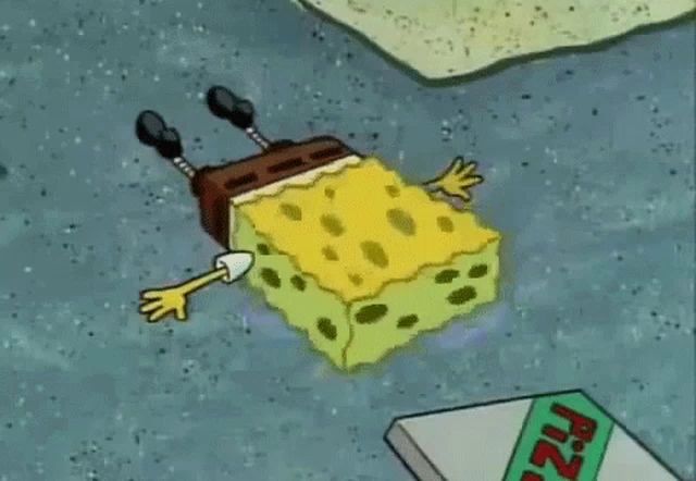 a cartoon of spongebob squarepants laying on the ground next to a pizza box .