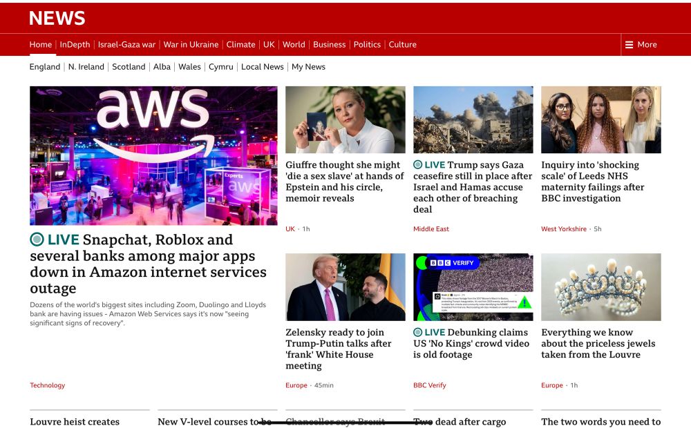 An image of the main news page of the bbc news website. No mention of Reform UK having to suspend 4 councillors after a video was leaked 