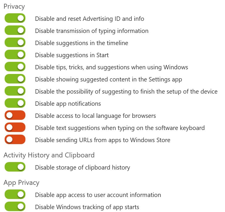 Screenshot from the "O&O ShutUp10++" program detailing just a few of the privacy features that can be enabled. If you're reading this, please note that there are a lot more things that can be disabled besides what is shown, and the program can explain what everything before you make changes is if you click on the recommendations. 