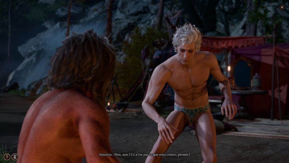 Capture d'écran de Baldur's Gate 3 montrant Astarion en slip faisant fasse à Ben (du podcast La Belle et le Gamer) entièrement nu près d'un feu de camp.
Je n'ai jamais pris autant de plaisir à décrire une image.