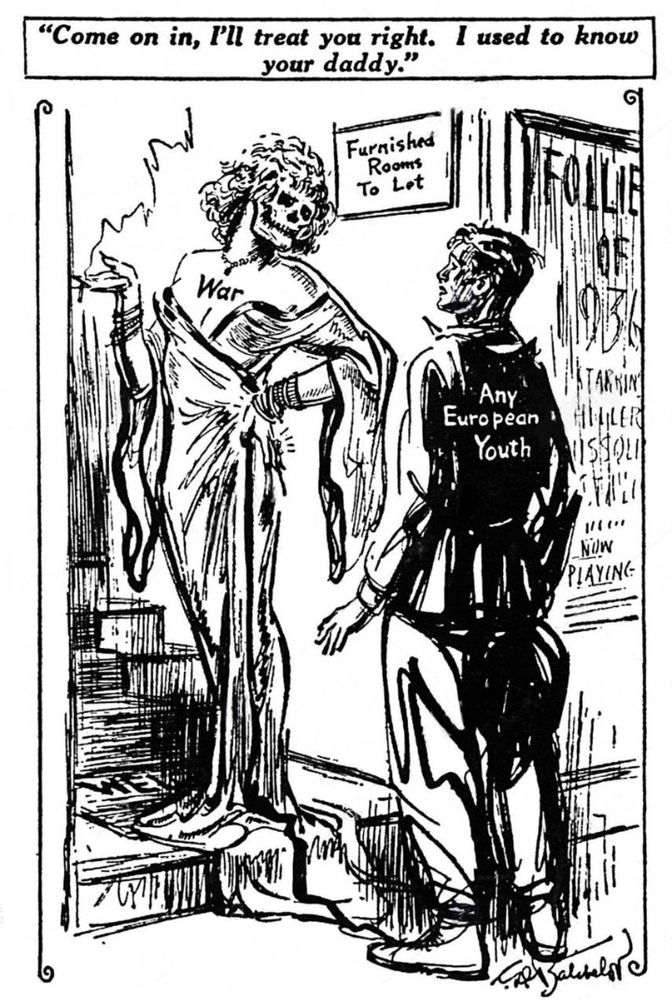 A political cartoon from 1936 by C.D. Batchelor. A seductive skeleton labeled 