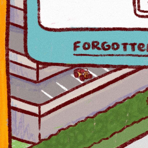 cropped illustration of my new starting soon screen! zoomed on the parking lot of the gobbo hotel showing brum parked up