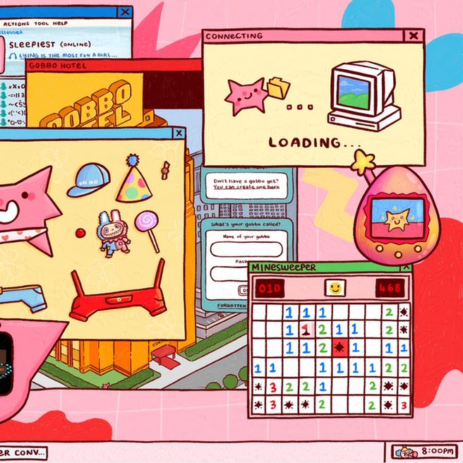 cropped illustration of my new starting soon screen! focusing on the right side of the screen, which includes minesweeper, a goblin tamagotchi, connecting to the internet screen and habbo hotel (now named gobbo hotel)