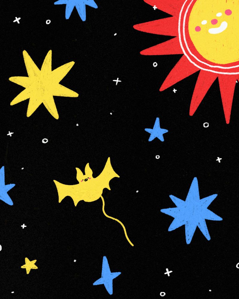 illustration of a space scene with a bat kite and the sun